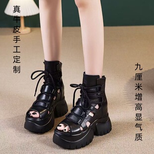 9CM内增高厚底真皮罗马凉鞋女2026夏季新款头层牛皮黑色时尚百搭