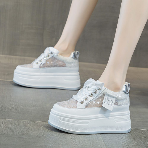 7CM内增高厚底亮片小白鞋女2026春夏新款百搭网面透气休闲松糕鞋