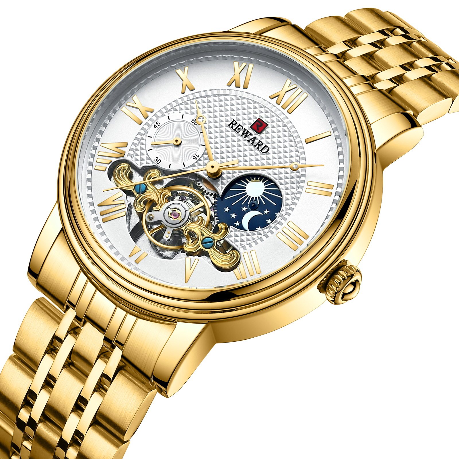 reward全自动机械手表男镂空月相防水商务男表精钢表带黑男士腕表