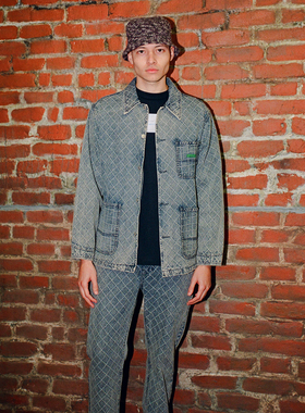 现货正品PLEASURES网格条纹Ingress美潮休闲宽松直筒牛仔长裤情侣