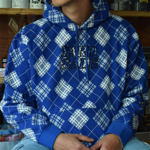 格子满印蓝色复古英国滑板刺绣Argyle套头帽衫 现货正品 YARDSALE
