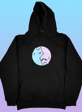 现货正品Leon Karssen蓝污猫阴阳猫头印花宽松休闲帽衫连帽卫衣男