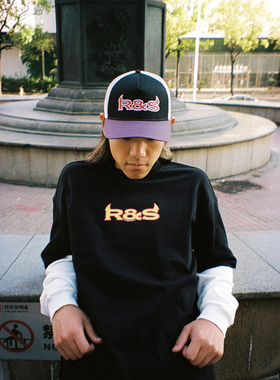 RAGAZZO R&S圆领宽松长袖拼接假两件华夫格纯棉双面印花LS长袖T恤