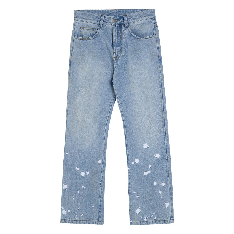 kahut 泼墨浅蓝色长裤中腰宽松流行微喇休闲牛仔裤2021秋冬新品男