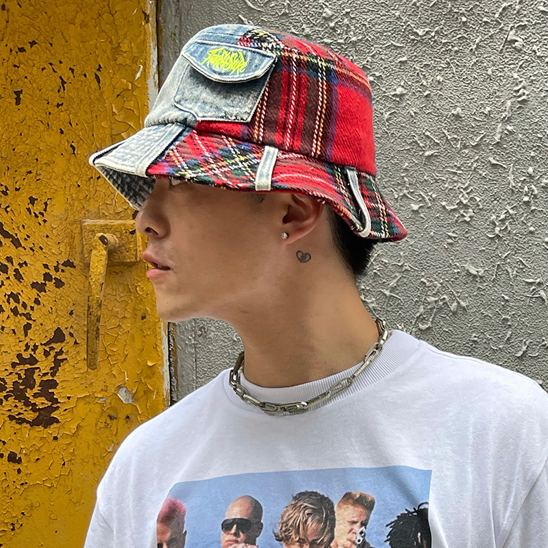 现货法兰绒拼接口袋渔夫帽大头围