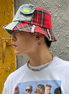 现货 AONE4SURE Spliced牛仔法兰绒格子拼接口袋大头围渔夫帽男女