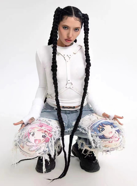 AONE4SURE x ILOVEUIHATEU 动漫二次元原创破坏重工蓝色牛仔长裤