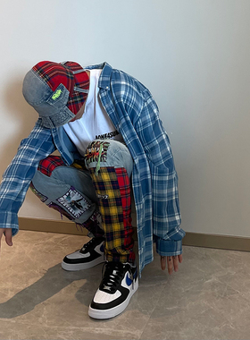 AONE4SURE Rockstar Jeans 摇滚明星贴布补丁蓝色修身弹性牛仔裤