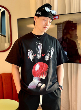 AONE4SURE 恐龙危机游戏印花潮流宽松黑色纯棉300克圆领短袖T恤男