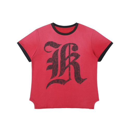 kahut洗水做旧印花拼色短袖T恤