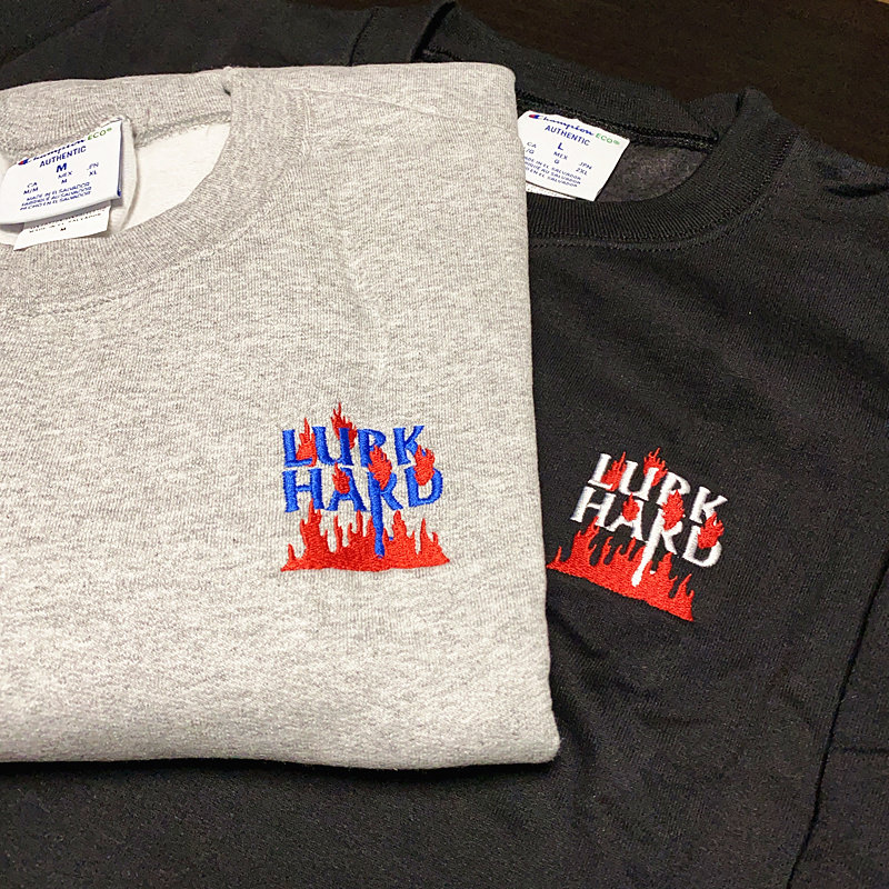 现货正品lurk hard美潮火焰logo刺绣宽松休闲圆领滑板套头卫衣男