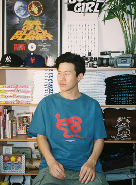 RAGAZZO 蛇形图案印花snake休闲流行街头宽松圆领纯棉短袖T恤情侣