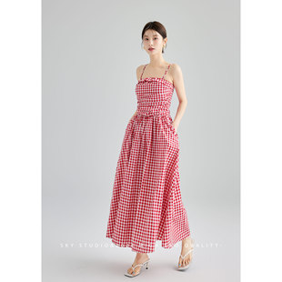 SKY张慧慧夏装新款红色格子中长款法式简约风吊带连衣裙