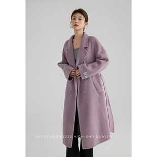 SKY张慧慧自制紫色双排扣长款毛呢大衣2025春装新款双面羊毛外套
