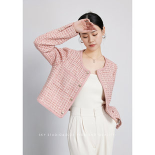 SKY张慧慧2025年春装新款韩版休闲短外套女粉色别致小香风外套