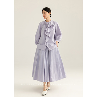 SKY张慧慧2025年春装新款灯笼袖荷叶边薰衣草紫荷叶边衬衫套装