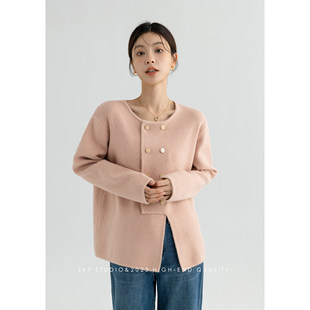 SKY张慧慧2025年春装新款时尚粉色双排扣毛衣长袖针织衫开衫