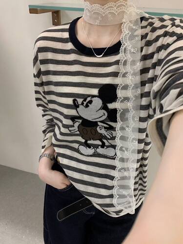 Mr meet韩国26秋新款 卡通小米奇条纹柔软舒适简约慵懒羊毛针织衫