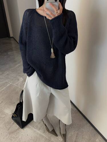 简约慵懒风 进口亚麻和纸纱 Glog韩国26春宽松针织衫舒适罩衫