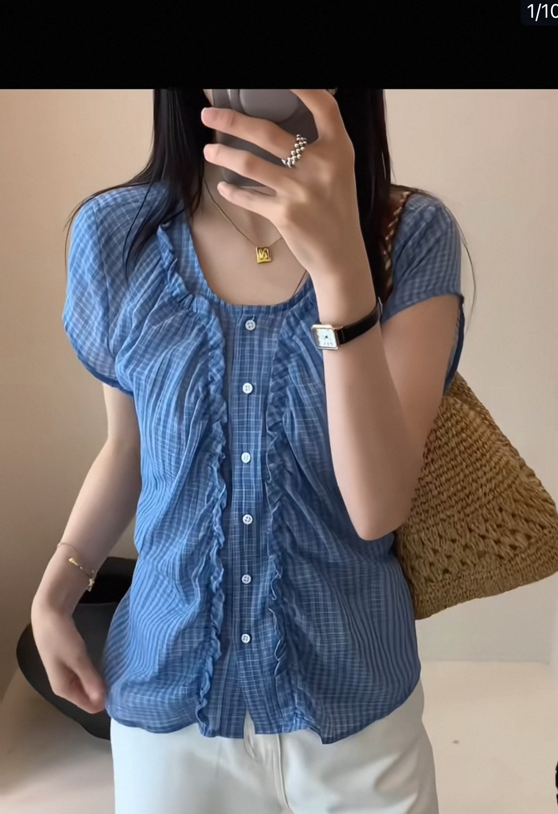 High kiss风琴褶皱上衣女格子衬衫短袖休闲套头衬衫漂亮洋气小衫