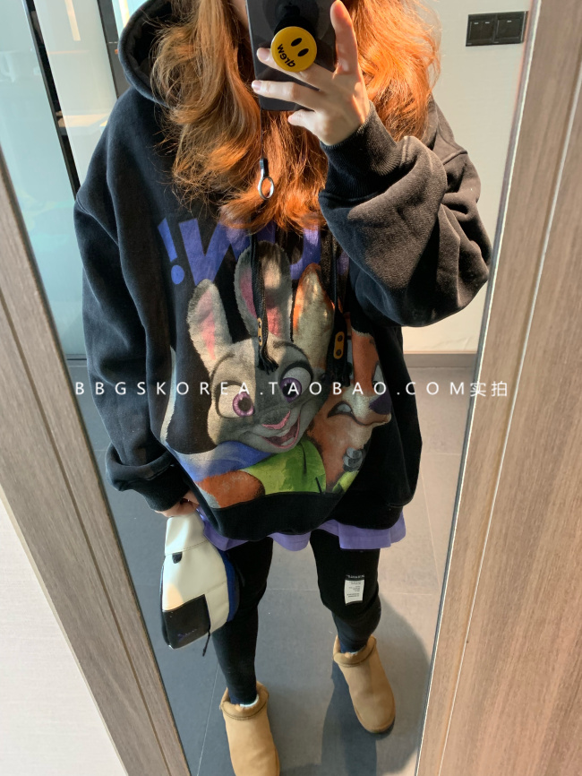 连帽加绒宽松卫衣休闲盖臀