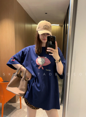 显白遮肉～现货2025暗宝蓝色宽松大版粗棉印花宽松短袖T恤