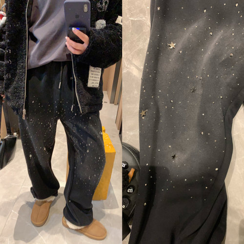 现秋冬季星星烫钻blingbling黑灰色显瘦加长大版松紧腰直筒休闲裤