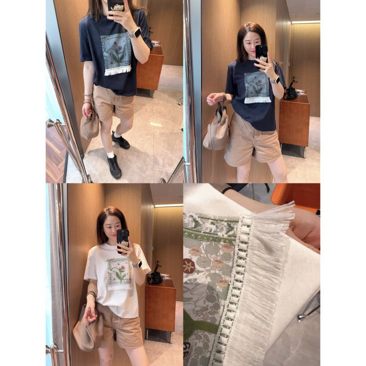 很遮膀遮肉显瘦直角肩~日系流苏工艺设计印花小宽松短袖T恤