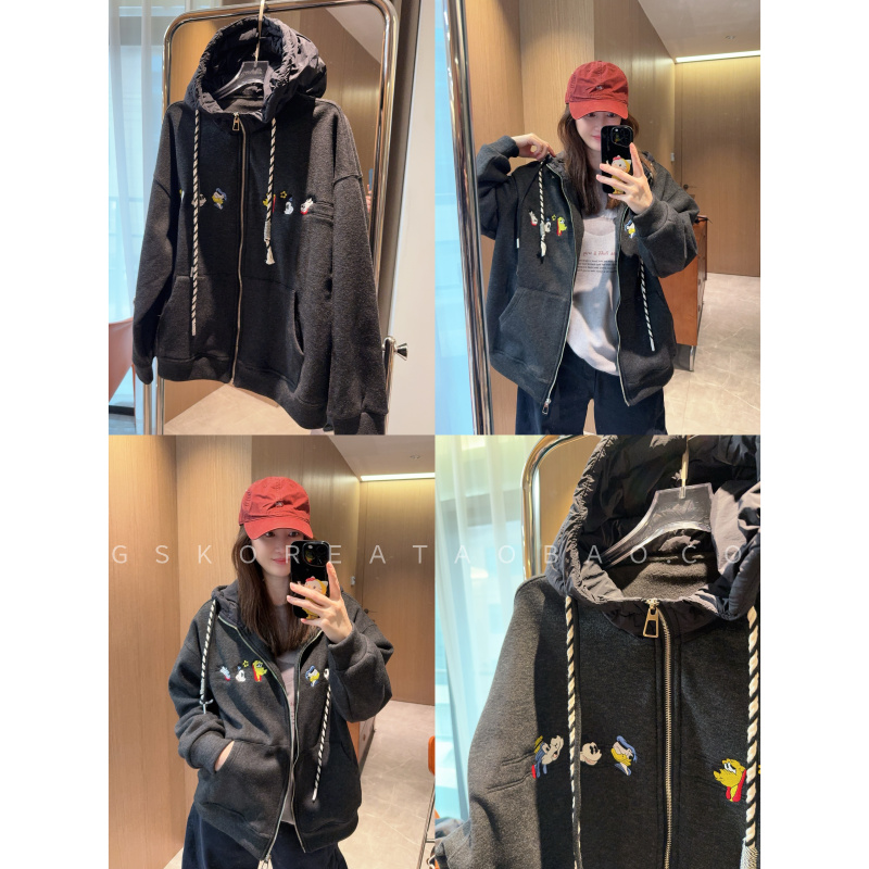 个性卡通刺绣连帽拼接～深灰色加绒保暖显瘦宽松拉链卫衣外套