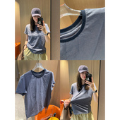 T恤 短袖 巨舒服显瘦～现货2026薄款 牛仔蓝粉色细条纹正肩小版