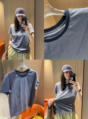 巨舒服显瘦～现货2026薄款牛仔蓝粉色细条纹正肩小版短袖T恤