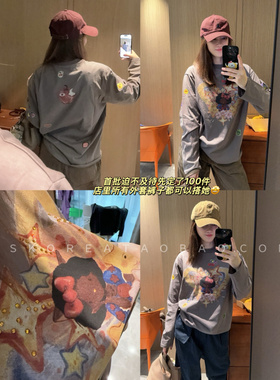人手一件高端重工~现货2025秋前后印花卡通kitty旧灰紫色长袖T恤
