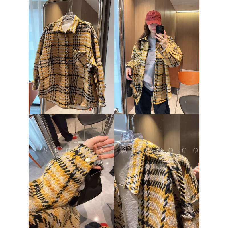 7折粗花呢感面料～现货2025黄色黑灰高级配色格子加绒衬衫式外套