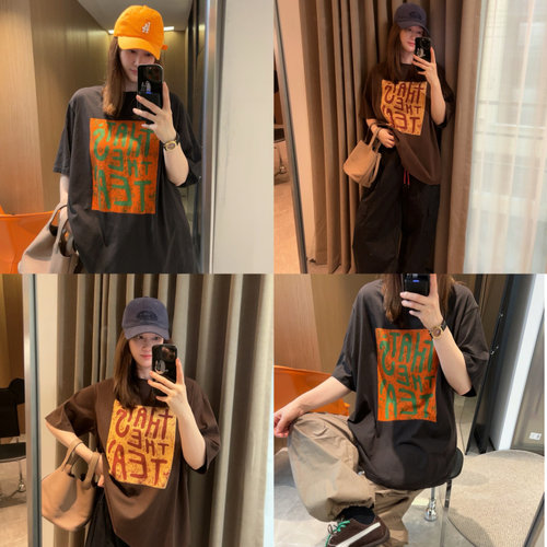 深灰色撞橙色～现货2026字母涂鸦印花宽松水洗软棉短袖T恤