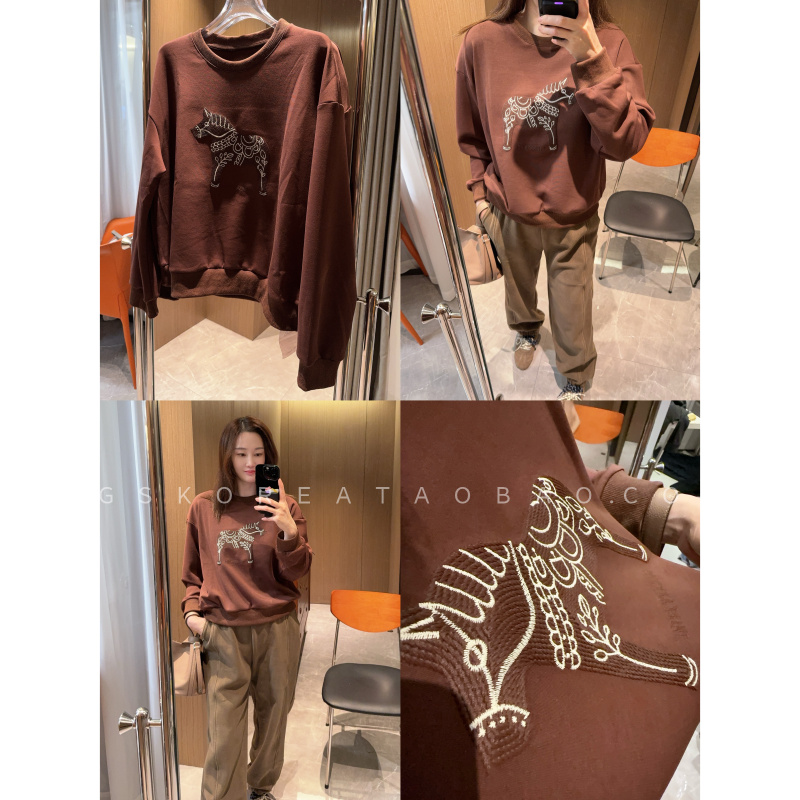 高级感咖啡色刺绣小马～2025薄款三季穿咖啡色套头卫衣