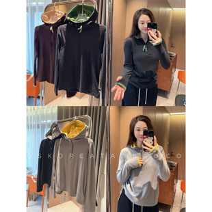 舒适大弹力～现货2025撞色黄绿色绒绒修身 指套连帽上衣