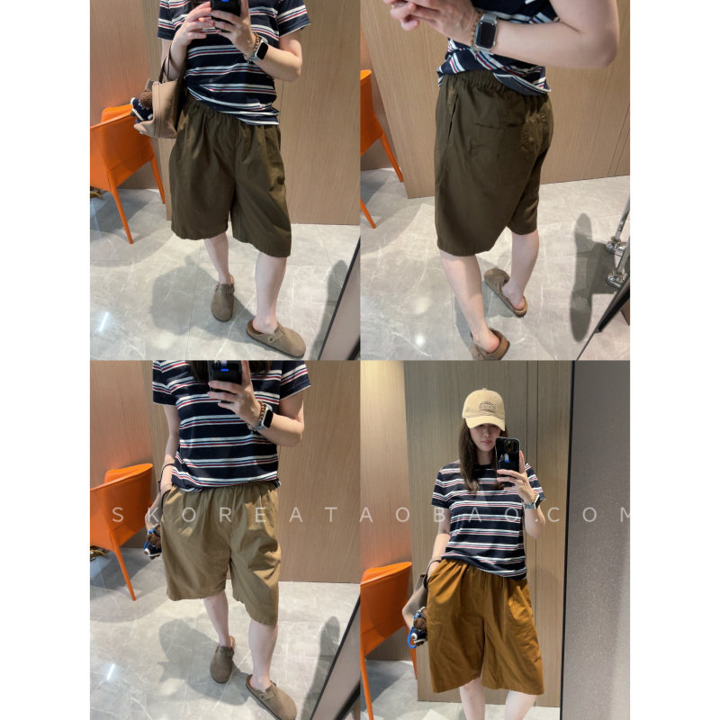 松弛随意感~现货2026夏季很舒服薄款松紧腰宽松咖啡色五分中裤 - 实物图