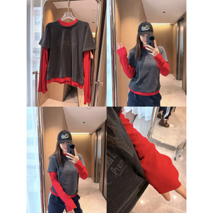 现货自留洋气大红色～撞色假两件春季新款三季软糯修身长袖T恤