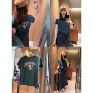 墨绿色背后印花～现货2026竹节棉正肩小版粉色字母短袖T恤