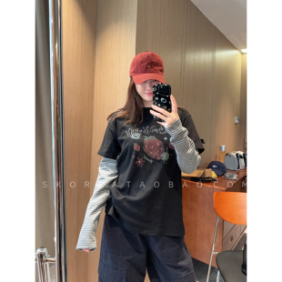 春秋冬厚款磨毛软料~现货2026好版型显瘦草莓印花假两件长袖T恤