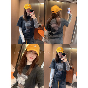 小众超酷背后印花～现货2025大卡通假两件拼接袖修身长袖T恤