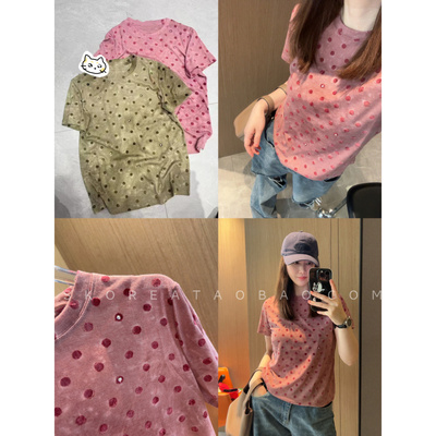 现定制面料手工钉钻做旧粉色红波点大弹力巨显瘦修身小版短袖T恤