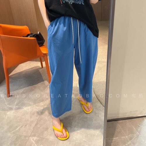 2026夏季新款女装显瘦凉快有型彩蓝色松紧腰宽松气球裤萝卜裤