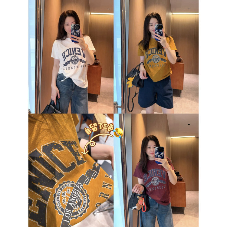 自留三色复古印花～2026竹节棉显瘦字母彩色芥末黄短袖T恤