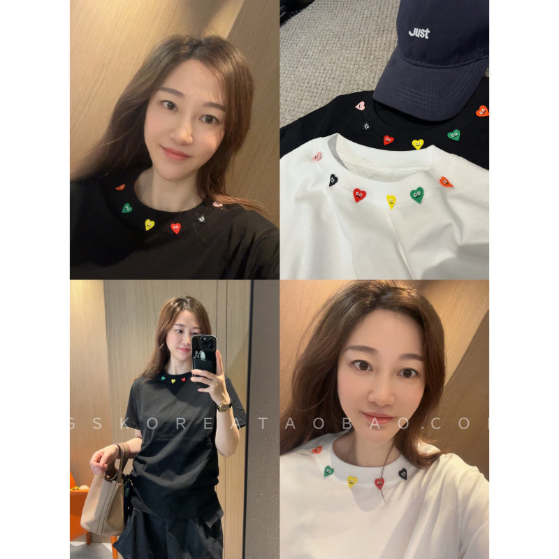 闭眼入推荐两色！现货2026领口彩色爱心设计感小版宽松短袖T恤