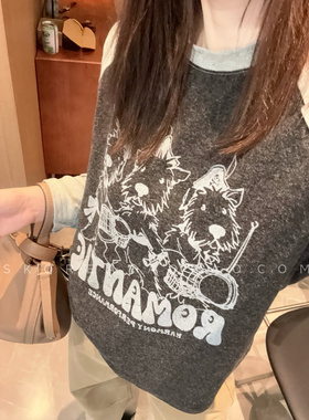 保暖亲肤显瘦～现货2025潦草小狗灰色插肩袖印花大弹力长袖T恤