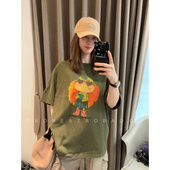 现货2026夏季 T恤 彩色卡通印花军绿色水洗粗棉宽松短袖 新款 女装