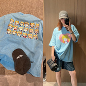 现货2026夏季 T恤 重工洗水前后印花天蓝色减龄宽松短袖 新款 女装