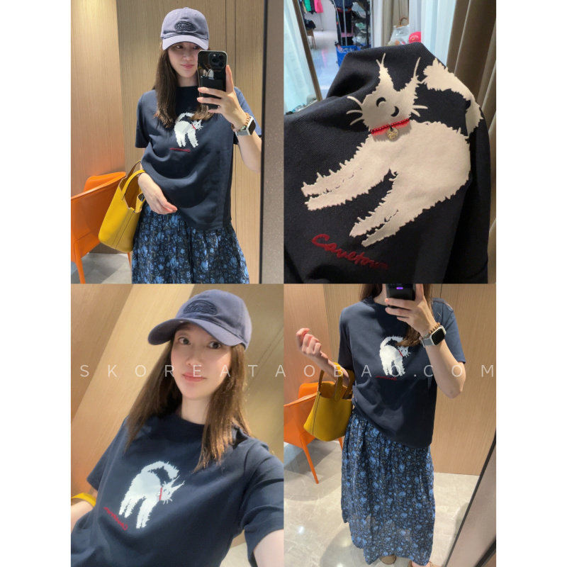 现货手工红色钉珠～无限弹力新款喵星人小版很显瘦藏青色短袖T恤