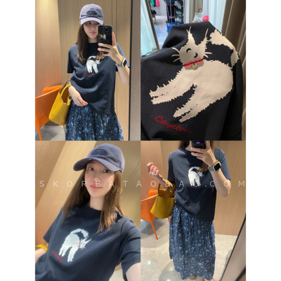 现货手工红色钉珠～无限弹力新款喵星人小版很显瘦藏青色短袖T恤